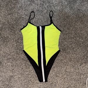 Neon Green and Black Striped One-Piece Swimsuit Size L Women’s